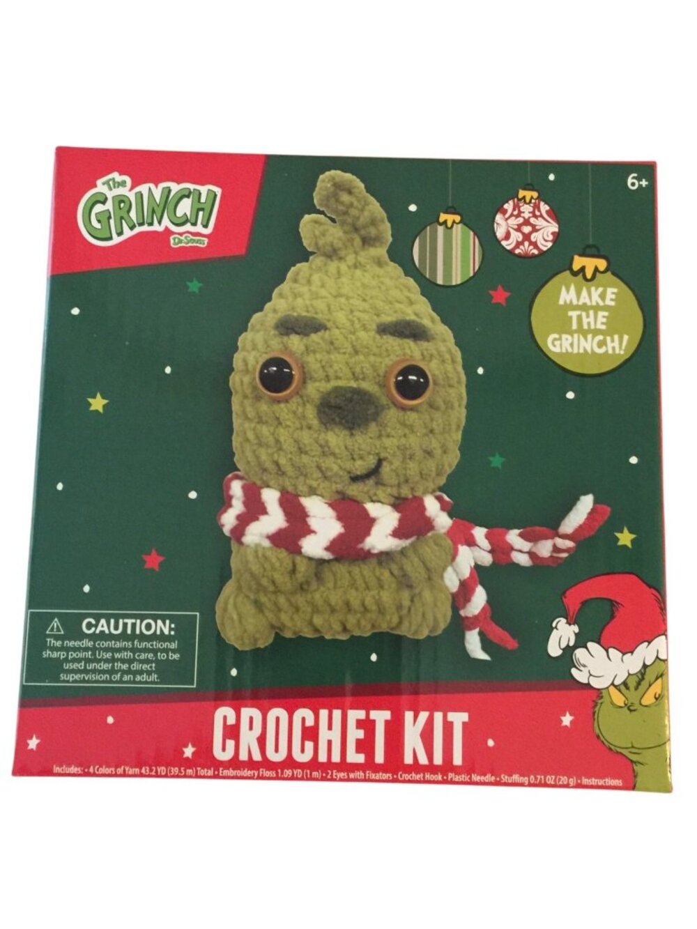 Dr. Seuss The Grinch with Red White Scarf Crochet Kit Green Red White